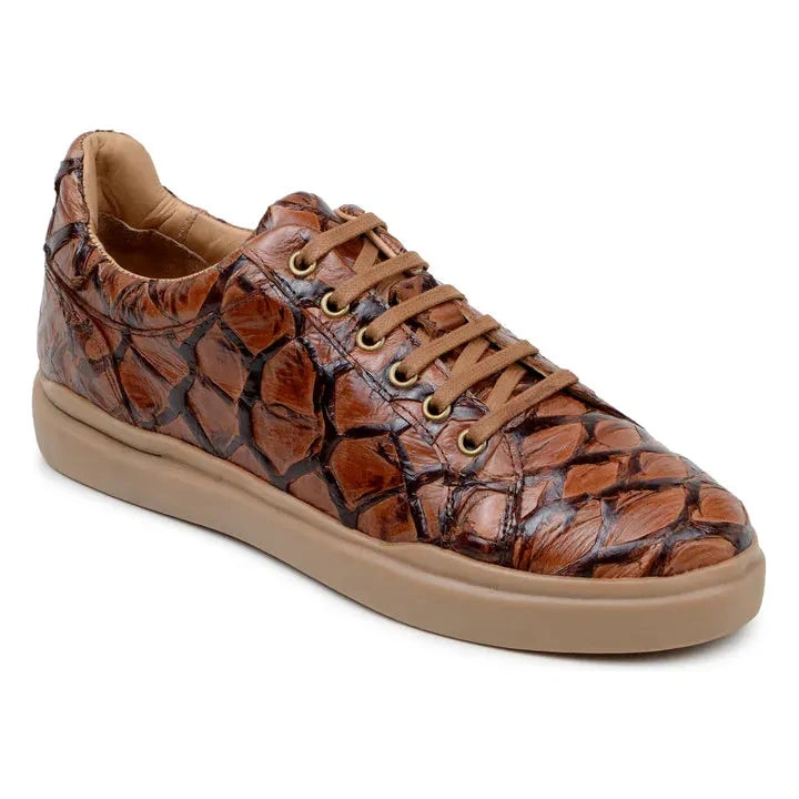 Belvedere Pirarucu Sneakers: Bróganna Leathar Fíor Kingstone - An Almond Antraicít, Sár-Chompord, Stíl Dhoshuimithe.